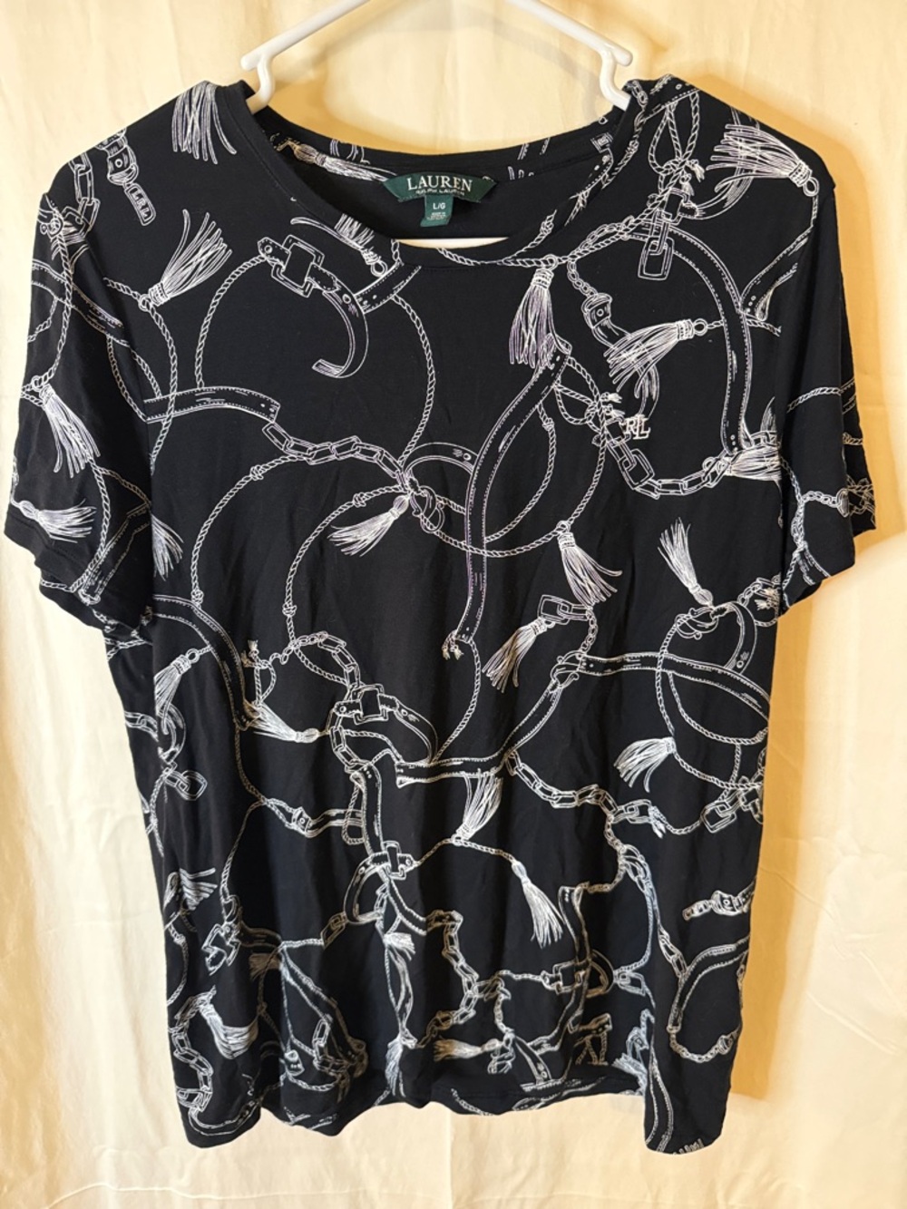 Lauren Ralph Lauren Black Short-Sleeve Top with White Chain & Tassel Print